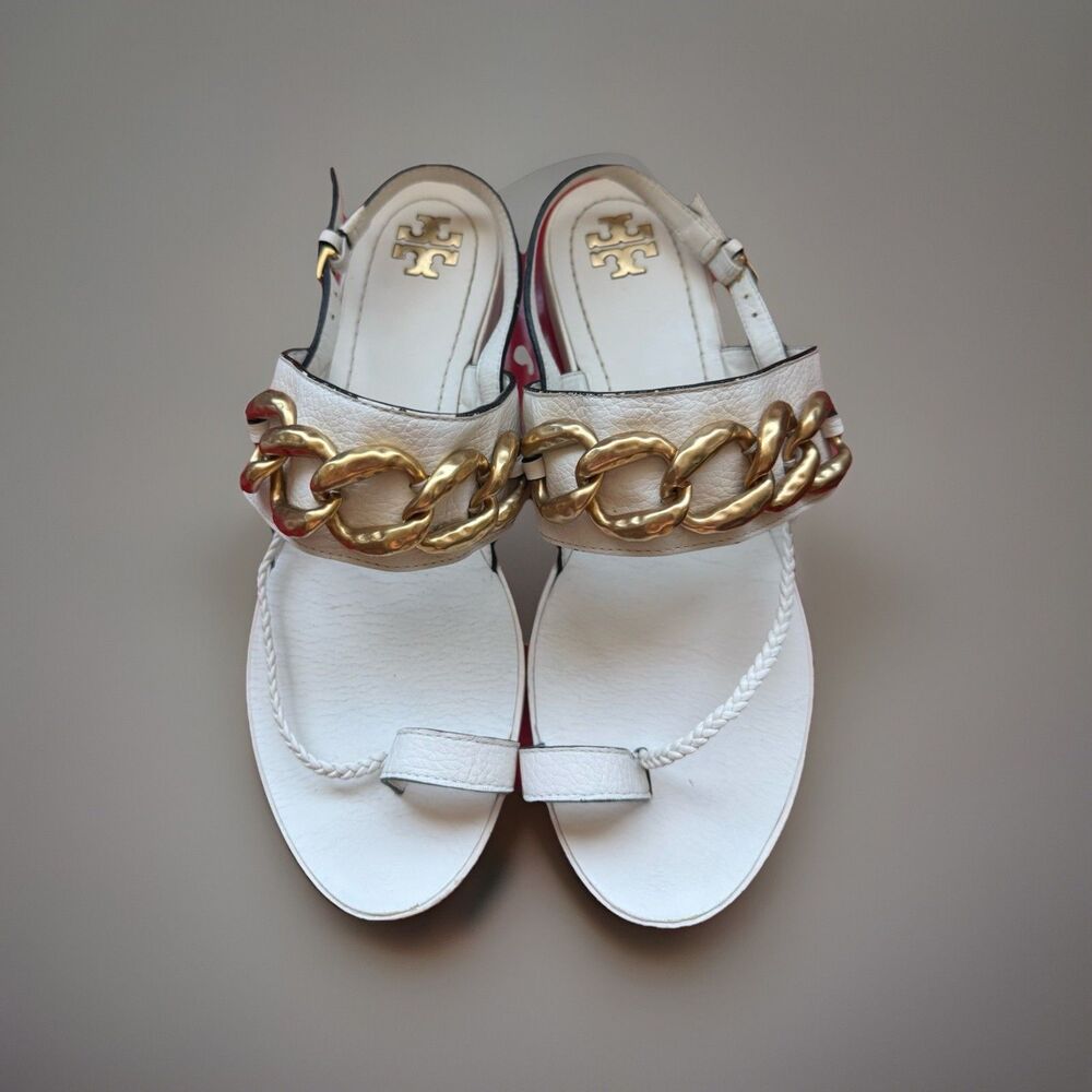 Tory Burch Adrien Chain Sandal Ivory Leather Gold Medallion Size 8M Casual